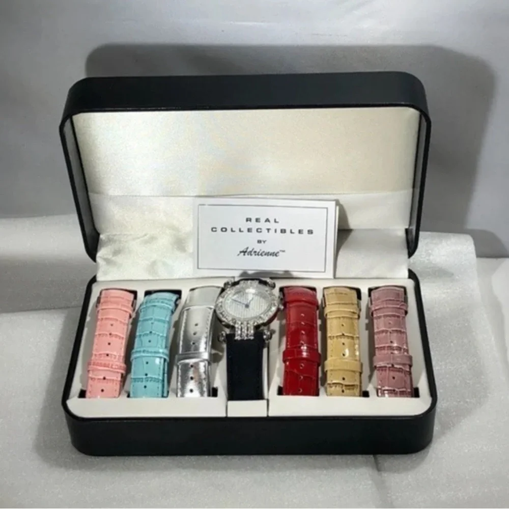 REAL COLLECTIBLES BY ADRIENNE WATCH SET CRYSTAL BEZEL & 7 COLORFUL BANDS - NIB
